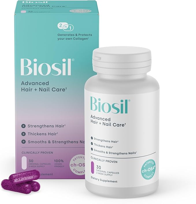 Biosil Advanced Hair + Nail Care - 30 Capsules - Grow, Strengthen & Thicken Hair and Nails - with Patented ch-OSA & Biotin - 15-Day Supply