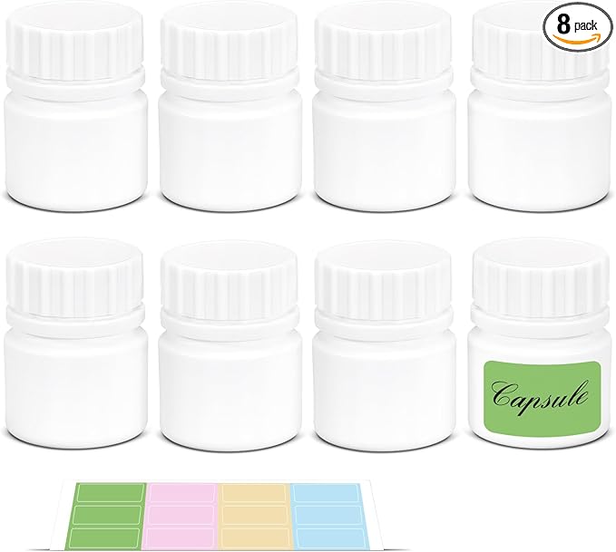Small Pill Bottle for Travel Screw Top, Empty Medicine Bottles for Pills Capsules Vitamins, Food Grade Wide Mouth Plastic Small Travel Medicine Containers with Labels (White, 1oz/30ml, 8 Pcs)