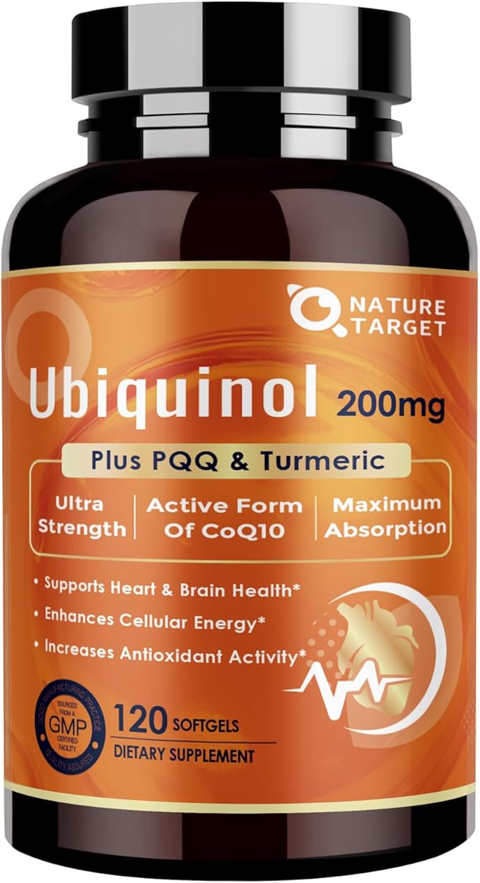 NATURE TARGET Ubiquinol CoQ10 200mg softgels with PQQ & Turmeric, High Absorption Coenzyme Q10 Supplement with ALA & Black Pepper, Antioxidant for Heart & Brain Health, Energy Production, 120 Count
