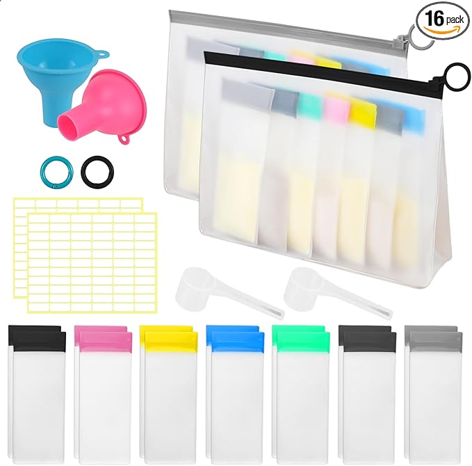 MUOUAKATE Protein Powder Travel Container Set - Reusable Powder Supplement Container to Go - 14pc Single Dose Bags and 2pc Large Travel Containers Zip Up Bags