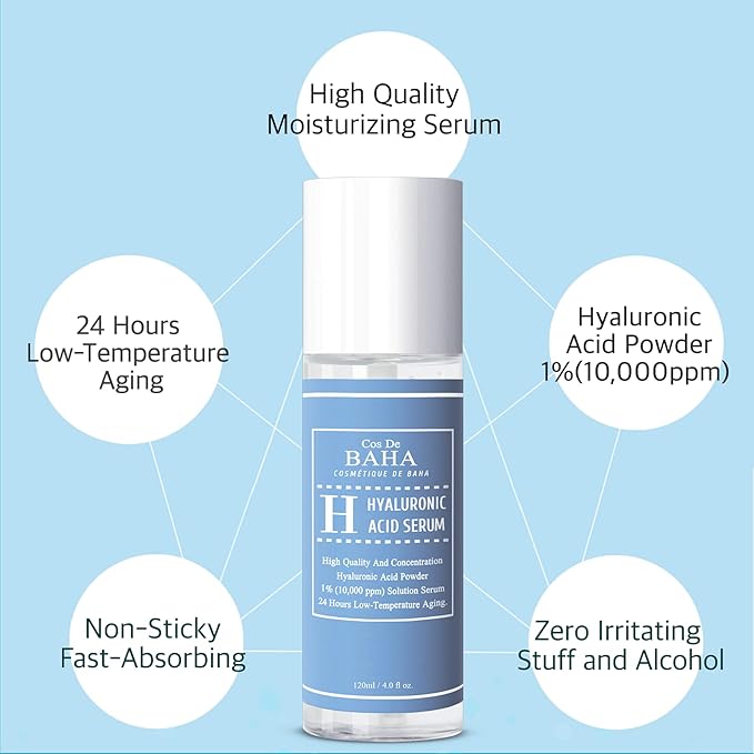 Cos De BAHA Hyaluronic Serum 4 Fl Oz – Pure Sodium Hyaluronate 10,000 ppm Hydrating Face Serum for Dry & Dehydrated Skin – Lightweight Fragrance-Free Korean Skincare Formula (120 ml)