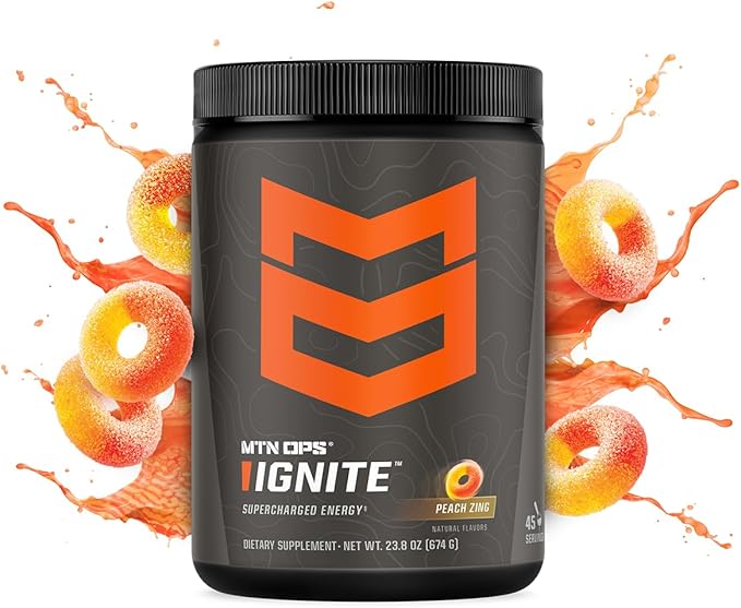 MTN OPS Ignite Sugar Free Energy Drink Powder with 200mg Caffeine, Nootropic Blend for Energy, Focus & Endurance, L Arginine & L Citrulline Pre Workout, 45 Servings, Peach Zing