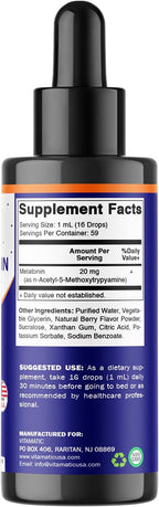 Vitamatic 2-Pack Melatonin 20mg Liquid Drops - 2 fl oz (59 ml) Each - Natural Berry Flavor - Non-GMO, Vegetarian Supplement for Adults