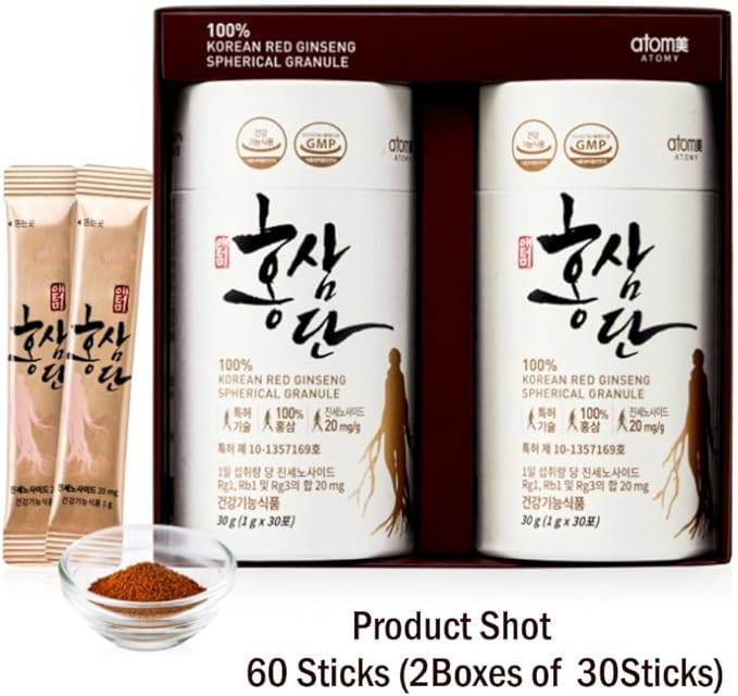 Korean Red Ginseng Spherical Granule, 1g x 60 Sticks (2boxes of 30) - Hongsamdan, Meticulously Crafted 100% Red Ginseng Spherical Grains
