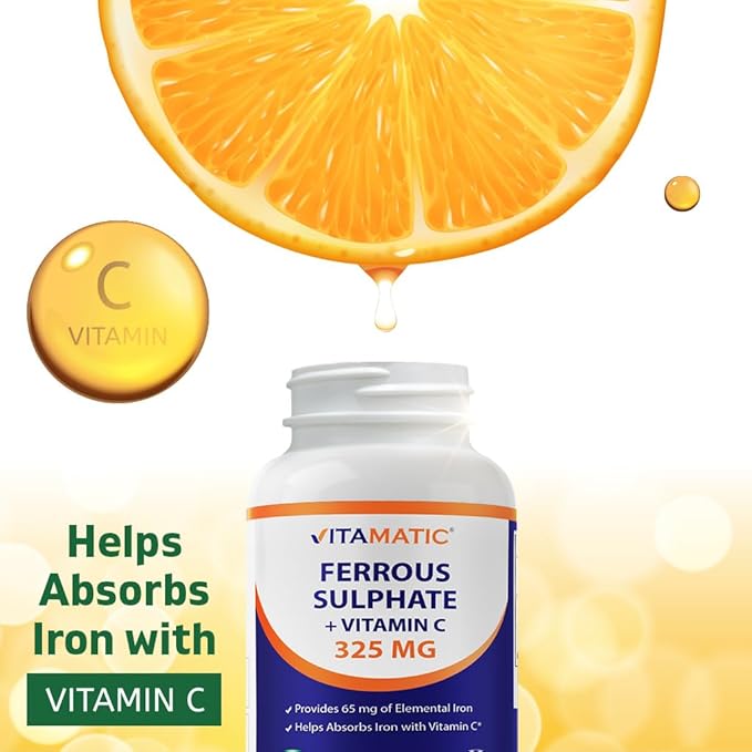 Vitamatic Ferrous Sulfate 325 mg with Vitamin C 100 mg (65 mg Elemental Iron) – High Potency Iron Supplement – No Artificial Colors – 250 Coated Tablets, Made in USA