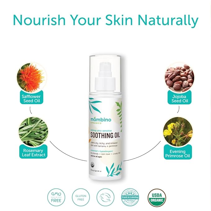 Mambino Organics Soothing Baby Oil, Organic Unscented Body Oil with Jojoba, Evening Primrose, Hydrates Dry, Itchy Skin, Gentle for Babies, Kids, Vegan, Baby Care Products, 3 Pack, 5 fl oz