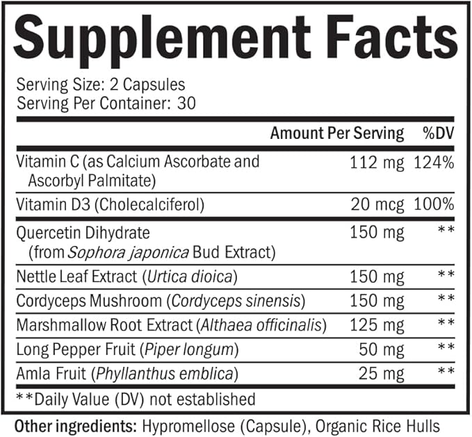 Respiratory & Immune Lung Support Supplement with Quercetin, Vitamin D & Cordyceps, Helps Soothe Respiratory Tissues While Loosening Mucus, Lung Health Vitamins for Women & Men, 60 Capsules