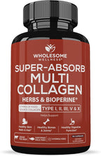 Wholesome Wellness Super-Absorb Multi Collagen Pills (Type I II III V X) Organic Herbs & Bioperine - Hair, Skin, Nails - Hydrolyzed Peptides Protein Supplement for Women & Men (90 Capsules)