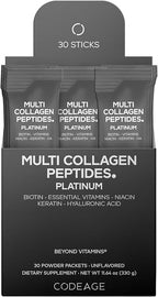 Codeage Multi Collagen and Biotin 10,000 mcg + Vitamin C, B6 & D3, Keratin, Hyaluronic Acid, Niacin, 18 Amino Acids - Stick Packs Supplement - 5 Types Collagen Protein – 30 Powder Packets