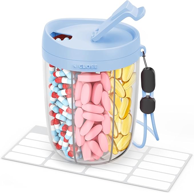 AMOOS Large Pill Dispenser with 6 Compartments, Anti-Mix Pill Bottle Organizer with Wide Opening & Easy Retrieval, Vitamin Organizer for Travel, BPA-Free Pill Box with a Strap, Blue
