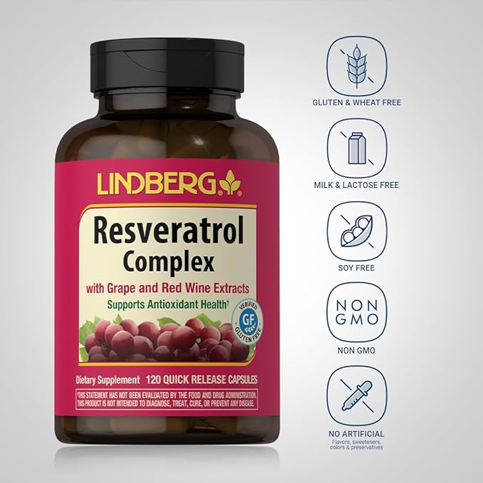 Lindberg Resveratrol Supplement | 120 Capsules | Complex with Grape Seed and Red Wine Extract | Non-GMO, Gluten Free