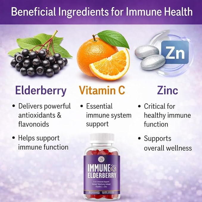 Grab The Gold Immunity Gummies | Elderberry Flavor with Vitamin C & Zinc | Cold & Flu Support, Vegan, Gluten-Free | 45 Day Supply, Made in USA