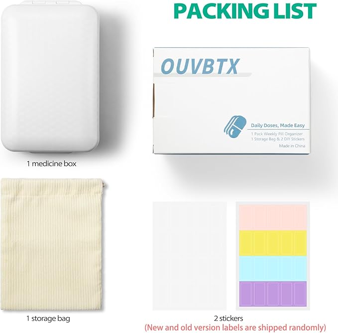 Weekly Pill Organizer, Extra Large Pill Box with Labels and Storage Bag, 8 GRIDS Medicine Pill Organizer, Moisture-Proof Airtight Travel Pill Case for Vitamin, Medicine, Supplement Organizer, White