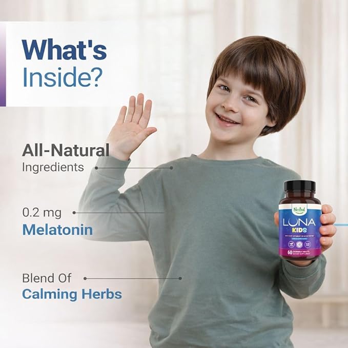 Nested Naturals Luna Kids Sugar-Free Sleep Aid Tablets for Children 4+ - Naturally Sourced Ingredients - Herbal Sleep Supplement with Chamomile, Melatonin, Valerian & Lemon Balm - 120 Chewable Tablets