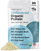 Complement Organic Unflavored Vegan Protein Powder (30 Servings) Low Carb, Low Calorie, Sugar Free, Soy Free, Non-GMO, Gluten Free, Non Dairy- Yellow Pea, Pumpkin Seed- 15g Plant Based Protein Powder
