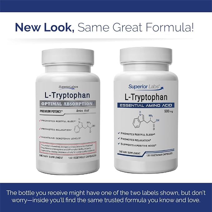 Superior Labs L-Tryptophan 500 mg Capsules, Pure Non-GMO Amino Acid, High Absorption, Supports Sleep and Mood, Helps with Occasional Stress, PMS Support, 120 Veg Caps