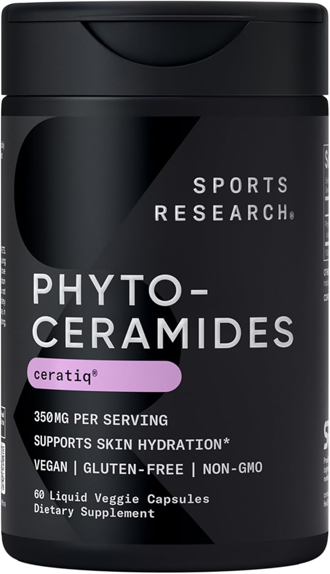 Sports Research® Phytoceramides 350 mg per Veggie Capsule - Plant Derived Ceramides for Healthy Skin and Hydration - Made with Ceratiq® · Non-GMO · Vegan Friendly - 60 Count