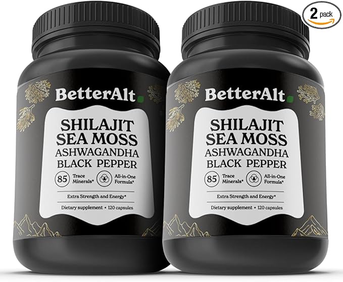 Better Alt Shilajit Sea Moss Capsules Pack of 2 with Ashwagandha & Black Pepper Extract with 85+ Essential Minerals & Antioxidants| Boosts Energy & Metabolism - 120 Servings, 240 Capsules
