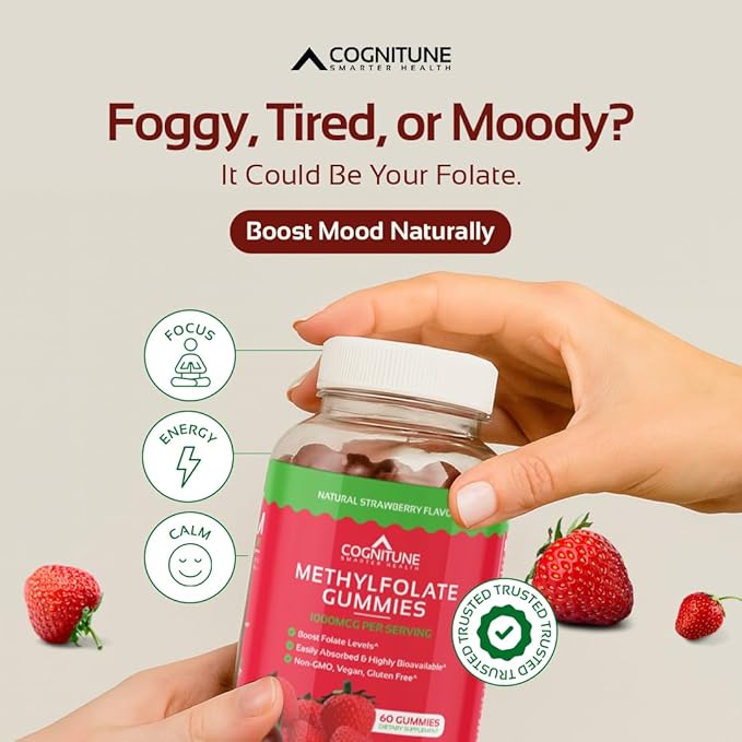 CogniTune L-Methylfolate Gummies 1000mcg - Bioavailable 5MTHF Folate Supplement for Brain Health - MTHFR Support with Delicious Strawberry Flavor