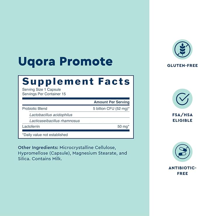Uqora Promote - Support Vaginal Health* - Probiotic for Women with Lactoferrin, Lactobacillus Acidophilus & Lacticaseibacillus Rhamnosus - Vaginal Probiotics - Gluten-Free - 15 Capsules