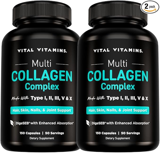 Vital Vitamins Multi Collagen Capsules (2-Pack) - Type I, II, III, V, X - Grass-Fed, Collagen Peptides Supplements, Non-GMO - for Men & Women