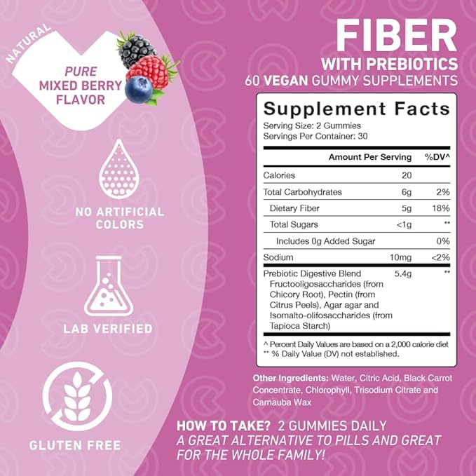 PUREFINITY Fiber Gummies for Adults with Inulin FOS from Chicory Root, Sugar Free Prebiotic Supplement for Daily Digestion & Constipation Support – Non-GMO, Vegan, 60 Count