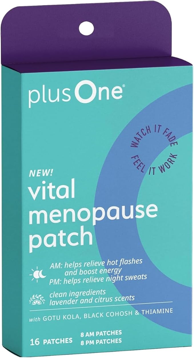 plusOne Vital Menopause Patches AM & PM – Hot Flash & Night Sweat Support – Promotes Energy & Sleep – Herbal Arjuna Daily Patches – 16ct