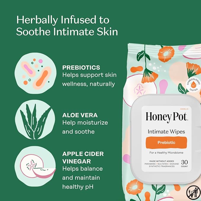 The Honey Pot Company - Prebiotic Feminine Wipes - Daily PH Balancing, Fragrance & Sulfate Free Wipes for Intimate Parts, Body, or Face - Hygiene Products - 30 ct.