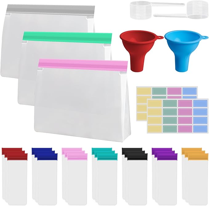 30Pcs Portable Protein Powder Travel Container Set, Reusable Powder Supplement Container To Go with 3Pcs Large Bags, 21Pcs Single-Dose Bags, 2Pcs Funnel & Spoon, Ideal for Gym & Travel