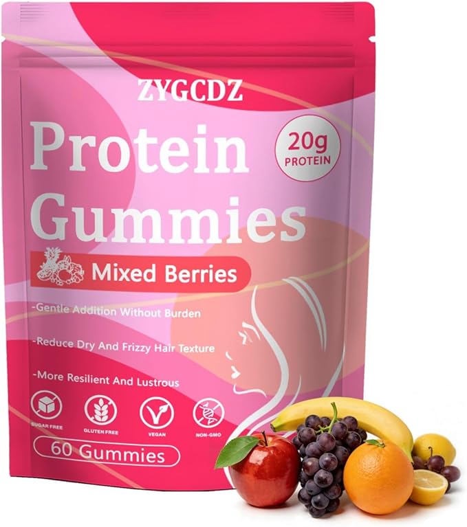 Protein Gummies for Women & Men, 20g Protein per Serving, Zero Sugar, Vegan, Supports Hair Skin Nails Health with Collagen, Energy Boosting Supplement, Mixed Berries Flavor, 60 Gummies (1) (1)