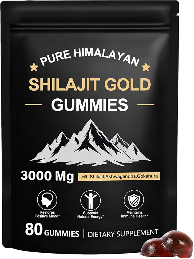 Himalayan Shilajit Gummies for Men & Women - No Added Sugar, 100% Natural & Organic with Ashwagandha, Gokshura, Fulvic Acid & 85+ Trace Minerals, Individually Wrapped, Non-GMO, 80 Gummy I Pouch
