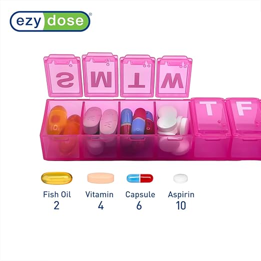 EZY DOSE Weekly (7-Day) Daily Pill Organizer, Vitamin Planner, Medicine Container, Case for Supplements and Fish Oils, Convenient and Easy to Use, Medium Compartments, Travel Friendly, Pink, BPA Free