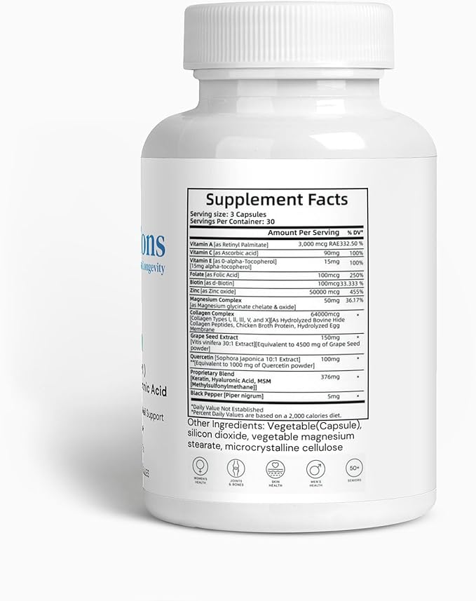 Collagen Hair, Skin and Nail Supplement for Women - Type I, II, III, V, X, Collagen Capsules Enhanced with Biotin, Keratin & Hyaluronic Acid - Comprehensive Skin, Hair & Nail Support