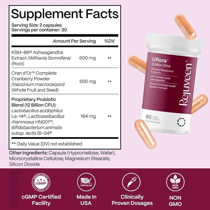 Uflora Vaginal Probiotics | Supports Vaginal Health, Moisture & Yeast | Enhances Intimate Wellness | Clinically Proven Dosages | Probiotics, Cranberry, Ashwagandha | 60 Ct (2 Pack)