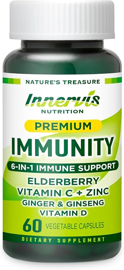 Immune Support 6-in-1 – Elderberry, Ginger, Korean Ginseng, Vitamin C 500mg, D3 2500IU, Zinc | Vegan Capsules – 1 Month Supply | Innervis Nutrition