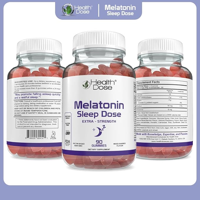 Health Dose Melatonin 6 mg Extra Strength Gummy, Pre-Bedtime Supplement for Restful Sleep, Adults, 90 Gummies, Mixed Berries Flavor, Pack of 5.