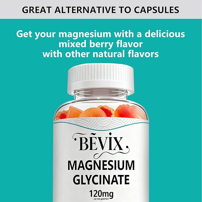 High Absorption Magnesium Glycinate Gummies for Adults & Kids, BEVIX 120mg Magnesium Supplement | 60 Count | Supports Relaxation, Nerve, Muscle & Bone Health | Vegan, Gluten Free, Non-GMO