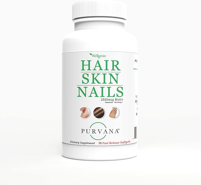 Wellgenix Purvana Hair Skin and Nails Supplement – 2500mcg Biotin Softgels with MSM & B-Complex – Daily Beauty Support for Stronger Nails & Hair Vitality – 180 Softgels (2 Pack)