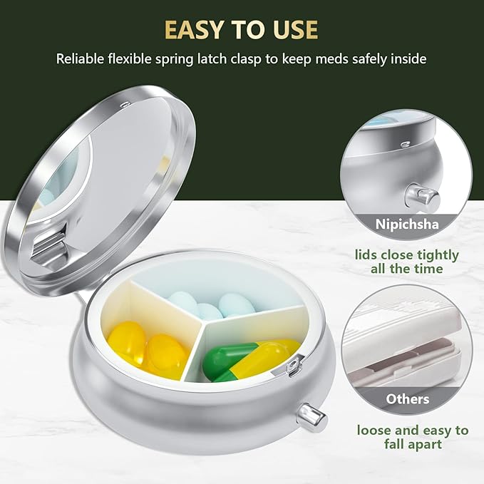 Nipichsha Pill Box, Small Pill Case for Purse & Pocket, Cute Travel Medicine Organizer, Portable Medicine Container Holder to Hold Vitamins, Medication, Fish Oil & Supplement, Colorful Ink Marble