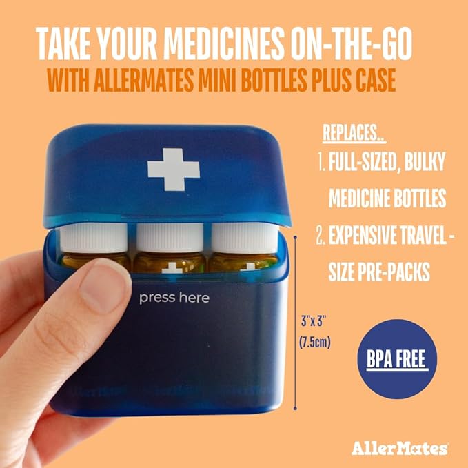 Allermates 3 Pack Mini Med Bottles with Hard Shell Travel Case - Blue 3 Pack