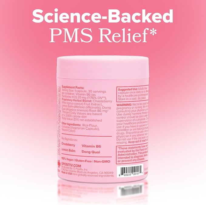O Positiv FLO PMS Vitamins for Women, 30 Servings (Pack of 3) - Proactive PMS Relief - Targets Hormonal Breakouts, Bloating, Cramps, & Mood Swings with Chasteberry, Vitamin B6, & Lemon Balm