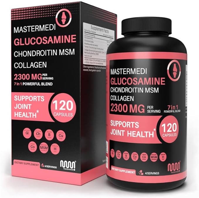 mastermedi Glucosamine Chondroitin MSM Collagen Capsules – 2300mg Joint Support Formula – with Turmeric, Boswellia, Hyaluronic Acid – Mobility & Flexibility Support – 120 Capsules, 30-Day Supply