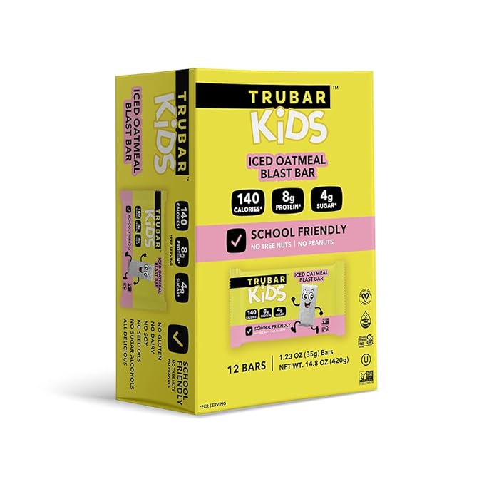 TRUBAR Kids Protein Bars, Iced Oatmeal Blast, Plant Based Protein, Gluten Free School-Friendly Snacks for Lunchboxes, Tree Nut and Peanut Free, Low Sugar, Healthy On the Go Snack Bars, 12 Count