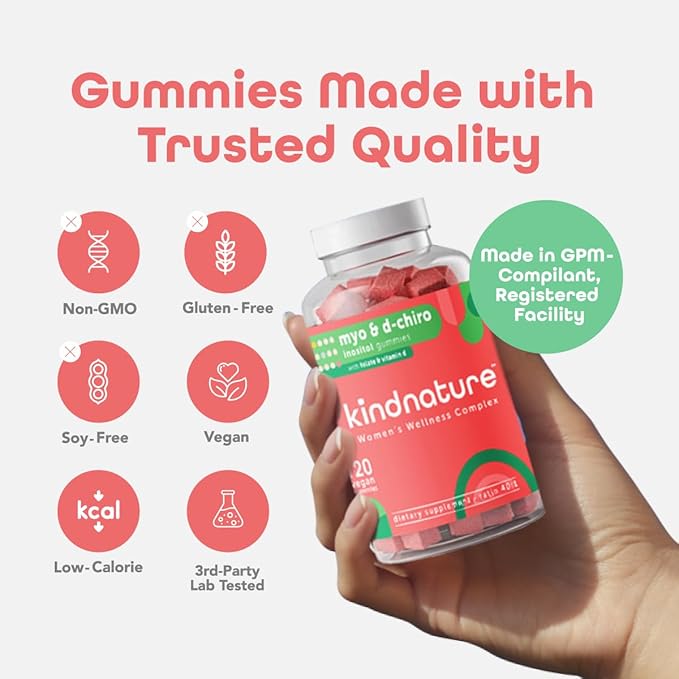 kindnature Myo-Inositol & D-Chiro Inositol Gummies for Women – 2000mg + 50mg, Ideal 40:1 Ratio – with Vitamin D & Folate – Hormone Balance & Fertility Support – Vegan, Watermelon Flavor (120 Gummies)