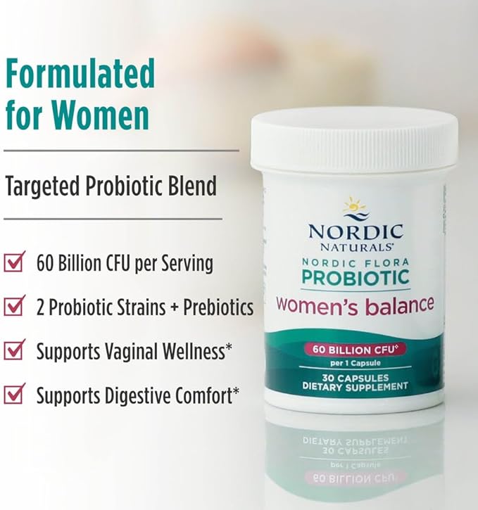 Nordic Naturals Nordic Flora Probiotic Women's Balance - 30 Capsules - 12 Probiotic Strains with 60 Billion Cultures - Intestinal Support, Vaginal Health - Vegan - 30 Servings