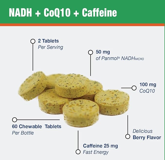 MAAC10 Energy Booster - with NADH, Caffeine & Coq10 Fast Acting Chewable Tablets - Great for Fatigue, Energy & Mental Focus.