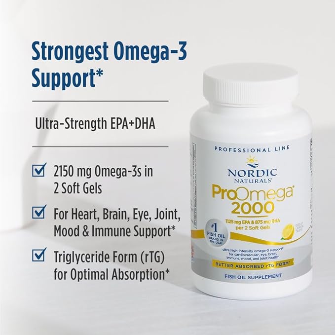 Nordic Naturals ProOmega 2000, Lemon Flavor - 120 Soft Gels - 2150 mg Omega-3 - Ultra High-Potency Fish Oil - EPA & DHA - Promotes Brain, Eye, Heart, & Immune Health - Non-GMO - 60 Servings