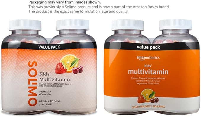 Amazon Basics Kids' Multivitamin Gummies, Cherry, Strawberry & Orange Flavors, 380 Count, 2 Packs of 190 (Previously Solimo)