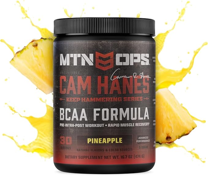MTN OPS BCAA Powder 2:1:1 Amino Acids Supplement Powder for Rapid Muscle Recovery & Repair with Zero Sugar & Gluten Free - 30-Servings, Pineapple, Cameron Hanes Keep Hammering Series