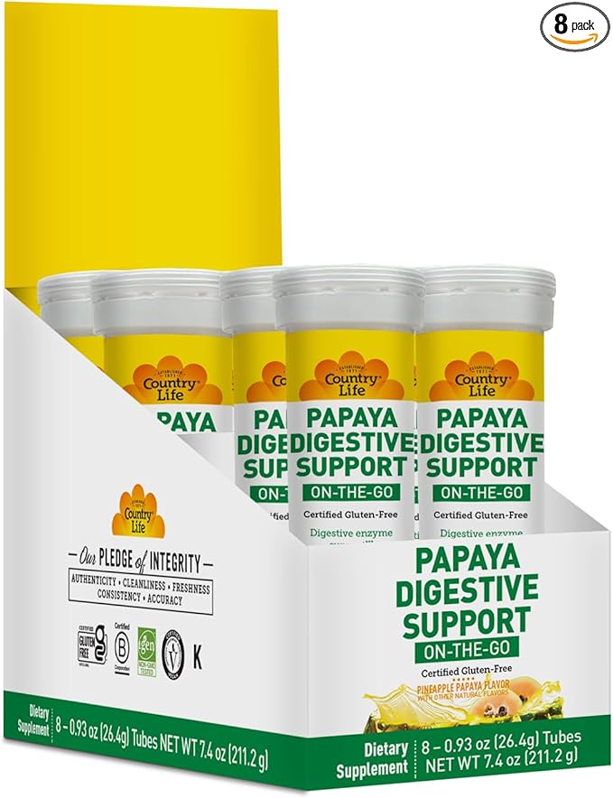 Country Life Chewable Papaya Digestive Enzyme – 8 Pack | Pineapple Papaya Flavor | On-the-Go Digestive Support with Papain, Protease & Amylase | Certified Vegan, Gluten-Free, Non-GMO, Kosher